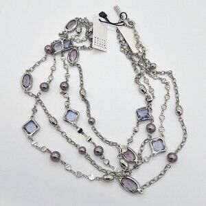 WHBM NWT Purple Indigo Silver Glass & Faux Pearl 2 Strand Long Station Necklace